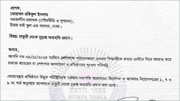 ডাস্টার ছুড়ে ছাত্রের মাথা ফাটানো সেই শিক্ষককে চূড়ান্তভাবে অব্যাহতি